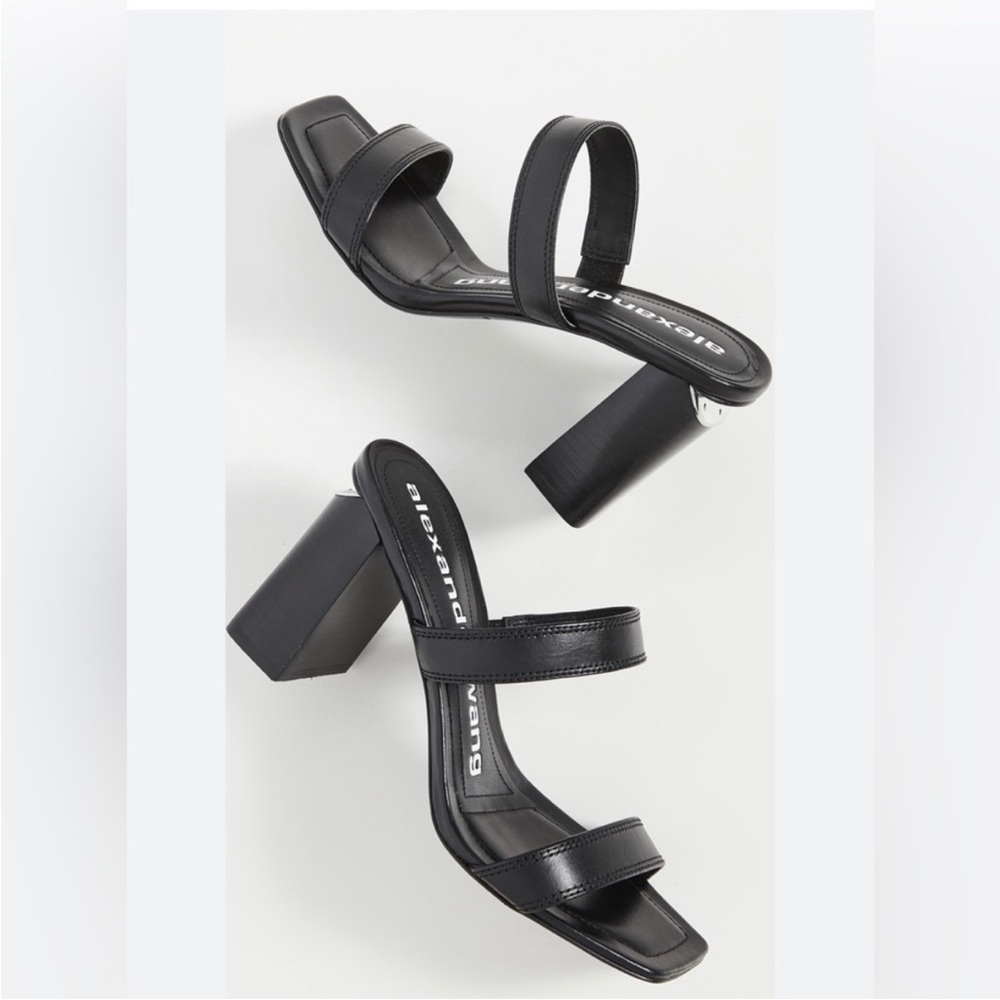 Alexander Wang Hayden Leather Square Toe Minimalist Slide Mule Sandal Heel Black - Picture 3 of 16